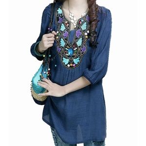 Embroidered & Beaded Boho Tunic Blouse NWOT